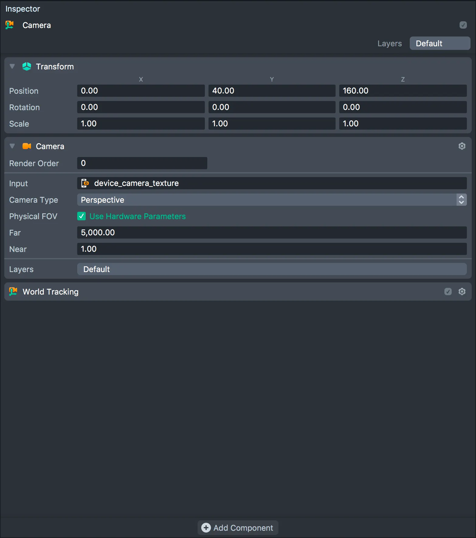 Inspector with a Camera Selected